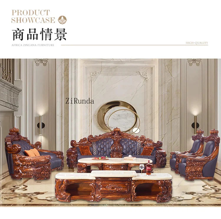 Ebony sofa leather combination, living room villa luxury solid wood furniture