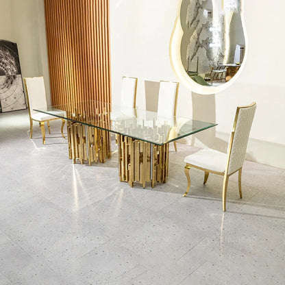 Gold and silver stainless steel metal dinning table and chair set for 4 6 seater luxury malaysia tempered glass top dining table