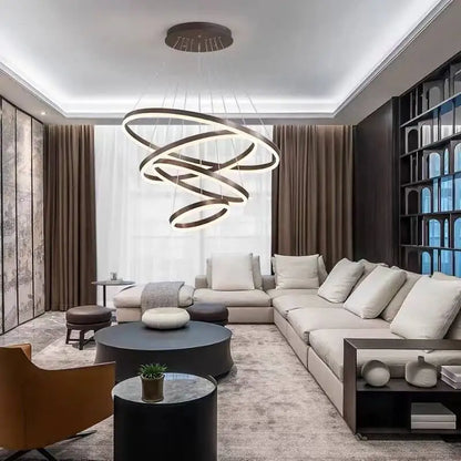 Modern LED pendant lights suitable for bedrooms, living rooms, and dining rooms. Circular ceiling chandelier, home lighting.
