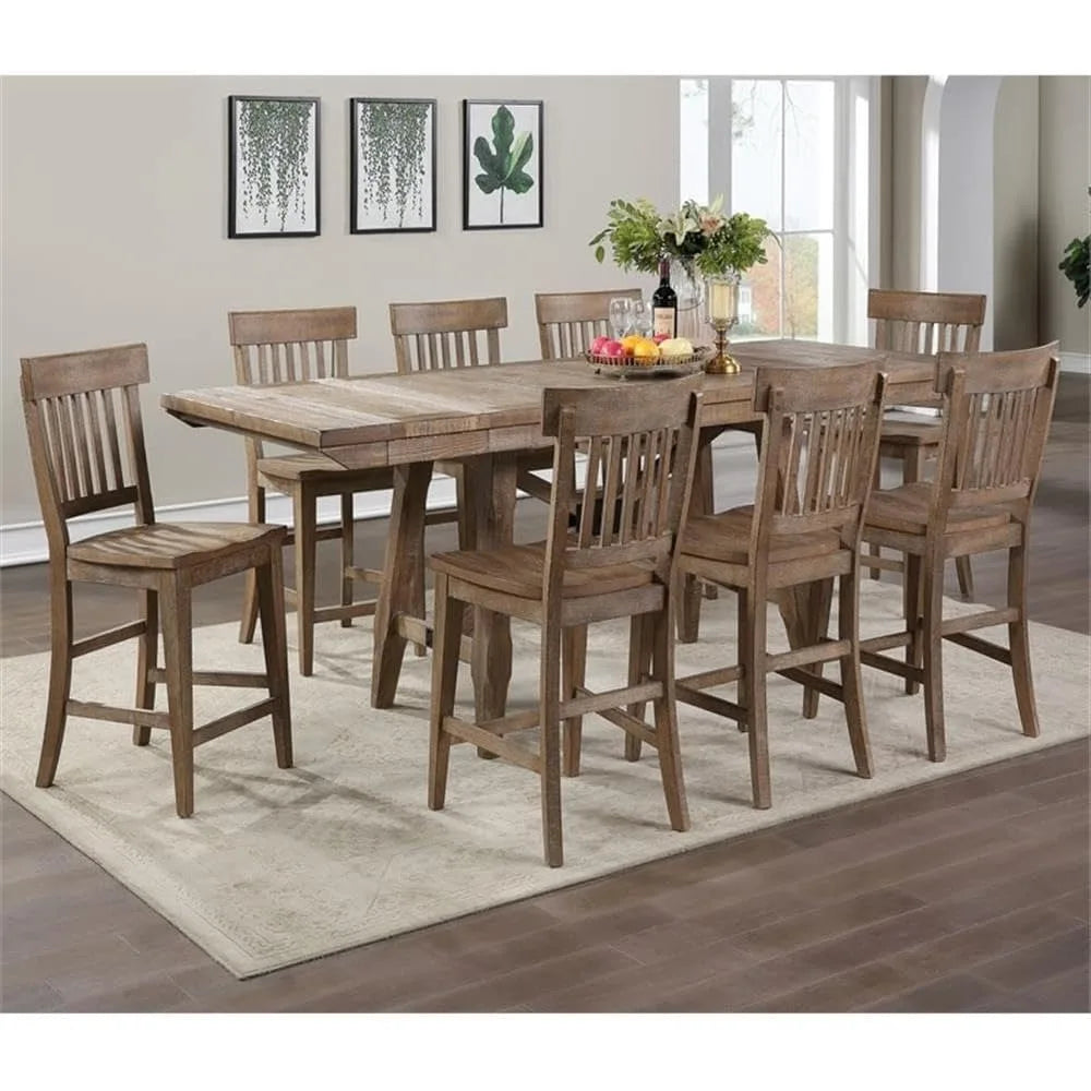 Riverdale Counter Height 9pc Set, 72"-96" Rectangular Table w/Two 12" Leaves, 8 Wooden Counter Chairs, Rustic/Farmhouse Design