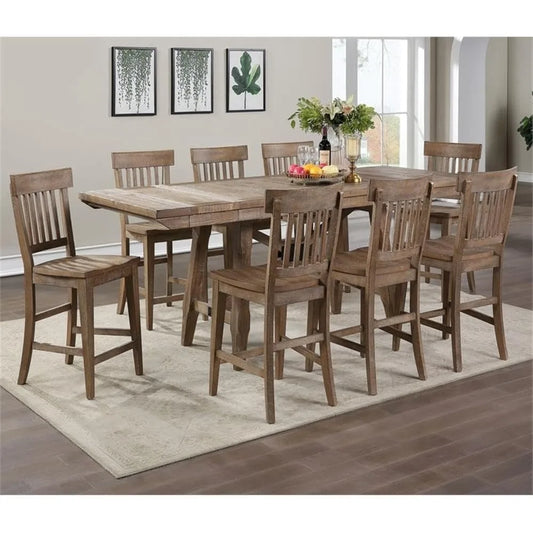 Riverdale Counter Height 9pc Set, 72"-96" Rectangular Table w/Two 12" Leaves, 8 Wooden Counter Chairs, Rustic/Farmhouse Design