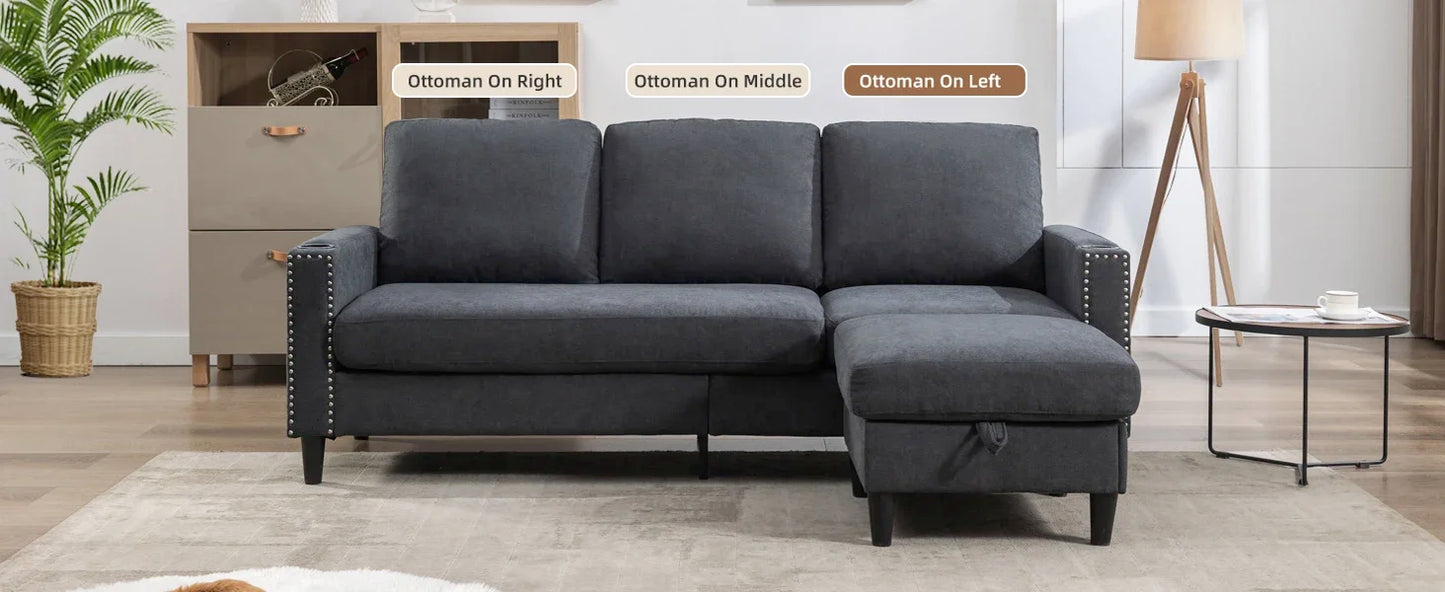 Convertible Sectional Couches for Living Room, L-Shaped Couch 3 Seats Sofas with Storage Chaise & 2 Cup Holders, Small Sofa