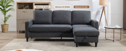 Convertible Sectional Couches for Living Room, L-Shaped Couch 3 Seats Sofas with Storage Chaise & 2 Cup Holders, Small Sofa