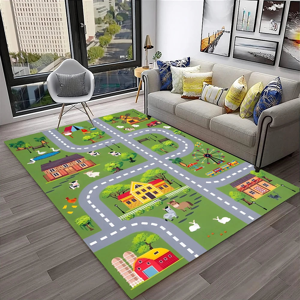 Child Playmat Traffic Highway City Playroom Carpet Rug for Home Living Room Bedroom Doormat Decor, Area Rug Non-slip Floor Mat