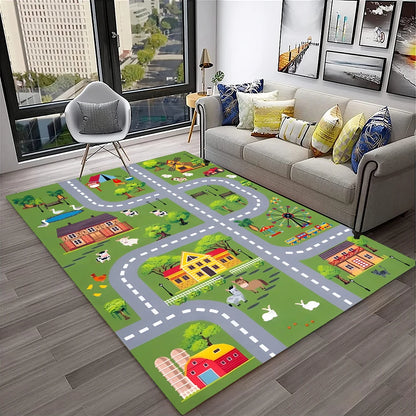 Child Playmat Traffic Highway City Playroom Carpet Rug for Home Living Room Bedroom Doormat Decor, Area Rug Non-slip Floor Mat