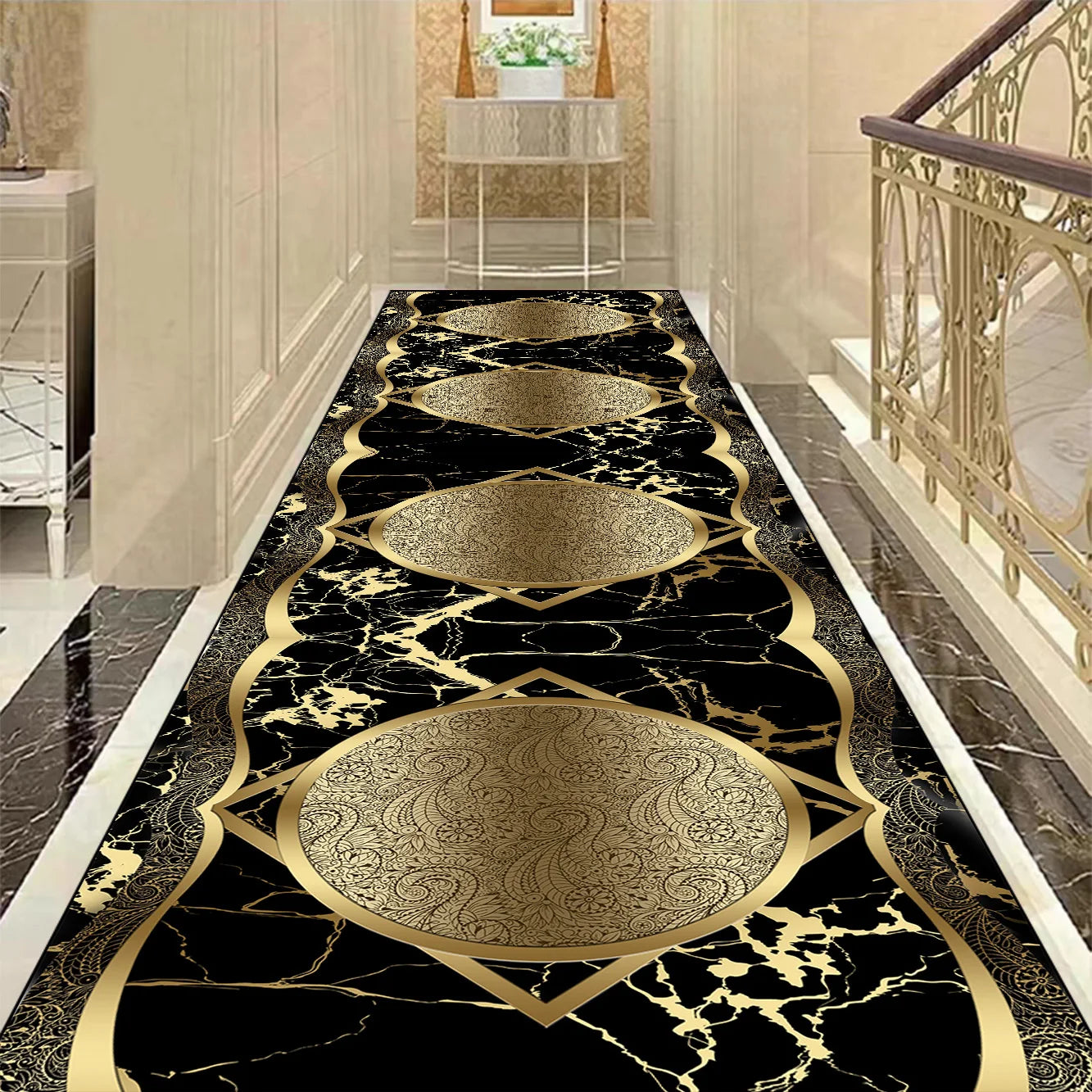Golden Luxury Long Corridor Carpet Large Area Passageway Non-slip Rugs Washable Porch Entry Doormat Living Room Decoration Mats