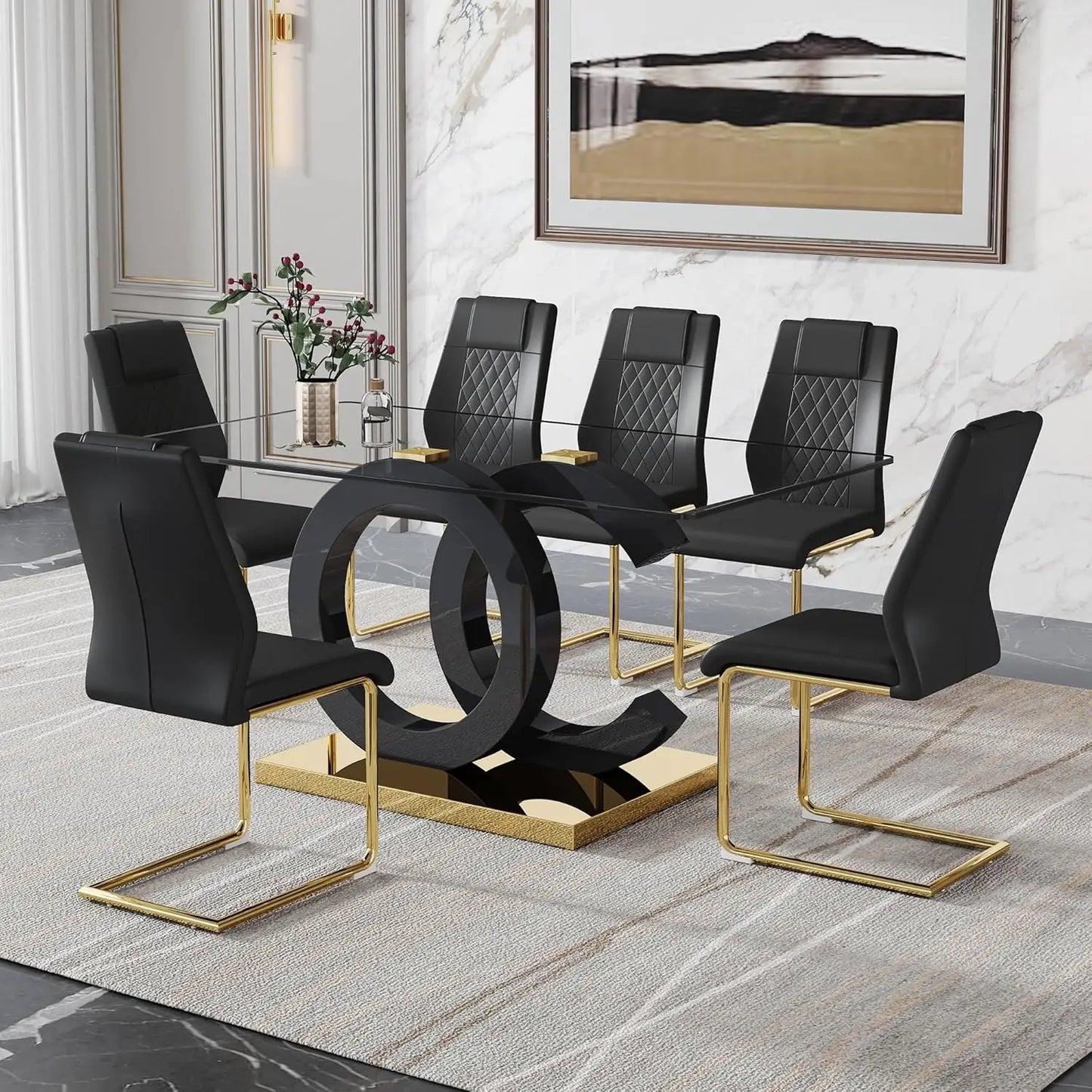 Dining Table Set for 6,Glass Table Top and MDF Base，Rectangular Dining Room Table with 6 PU Leather Upholstered Dining Chairs