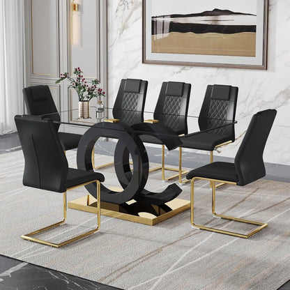 Dining Table Set for 6,Glass Table Top and MDF Base，Rectangular Dining Room Table with 6 PU Leather Upholstered Dining Chairs