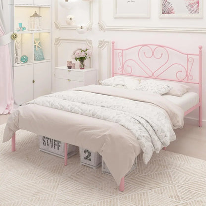 Full Size Bed Frame with Headboard, Heavy Duty Steel Slat Support Platform Under Bed Storage Space No Box Spring Needed, White