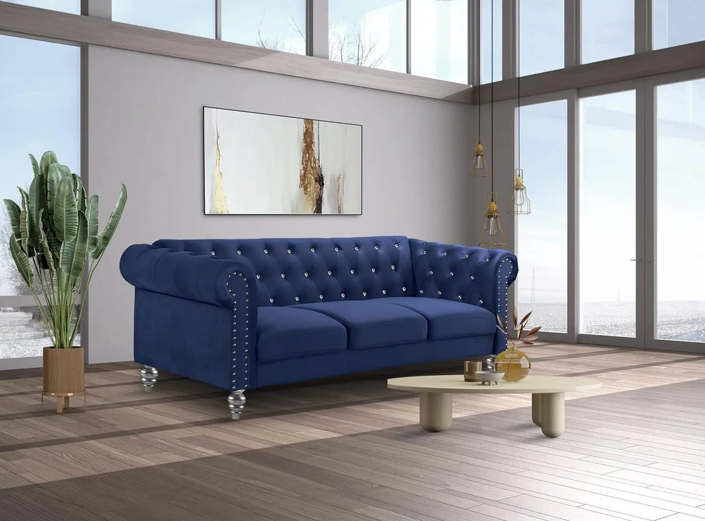 living room sofas Glam Emma Velvet Three Seater Chesterfield Style Sofa for Small Spaces with Crystal Button Tufts sofas