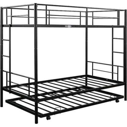 Twin Over Twin Metal Bunk Bed Trundle Frame with 2 Side Ladders Convertible Bunkbed Safety Guard Rails,No Box Spring Needed