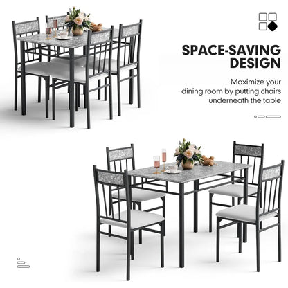 5-piece 4-person Dining Table Set, Imitation Marble Kitchen Table and Chairs 4-piece Set, Metal and Wooden Dining Table Set