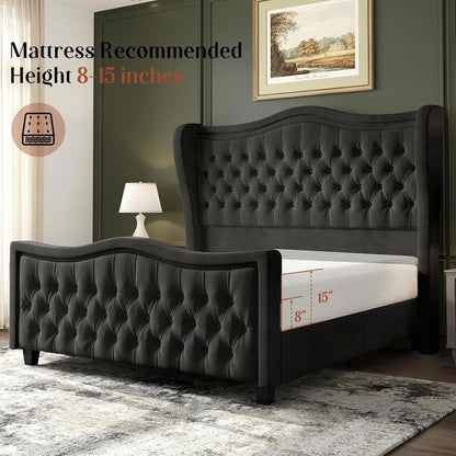 King Size Bed Frame with LED Lights, 53'' Upholstered Platform Wingback Bed with Handmade Deep Button Tufted Headboard Footboard