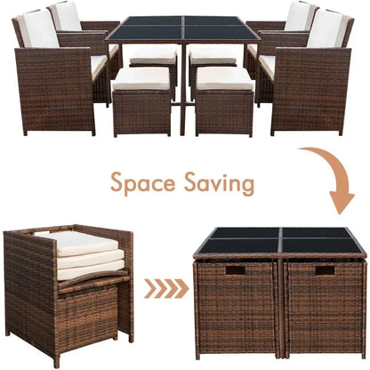 9 Pieces Patio Dining Sets Outdoor Space Saving Rattan Chairs with Glass Table Patio Furniture Sets Cushioned Seating (Beige)