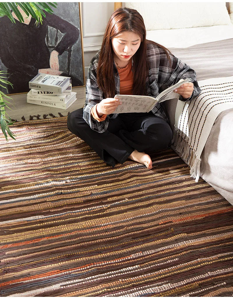 Cotton Tassel Carpet Rug Handmade Bedroom Rug Bedside Floor Mat Entrance Doormat Stripe Kitchen Mat Machine Washable Bath Rug