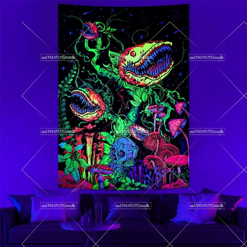 Blacklight Mushroom Tapestry UV Reactive Hippie Skull Tapestries Wall Hanging Eyes Forest Tapestry Glow In The Dark Posters