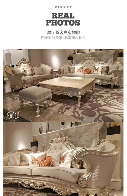 Leather Living Room Sofas Luxury European Beige Wooden Curved Modern Couch Double Lounge Designer Canape Salon Furniture