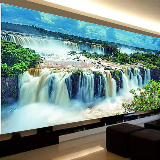 Frameless Modern Mountain Stream Waterfall Art Canvas Painting, Wall Landscape, Poster, Living Room, Bedroom, Home Decor