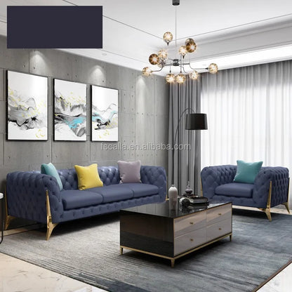 Home Furniture Chesterfield Design Royal Luxury Gold Foot Living Room Genuine Leather Velvet Sofa Set