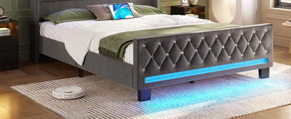 Twin Bed Frame with LED Light and Charging Station, Upholstered High Headboard and Footboard, Wood Slats, Noise Free, Easy Assem