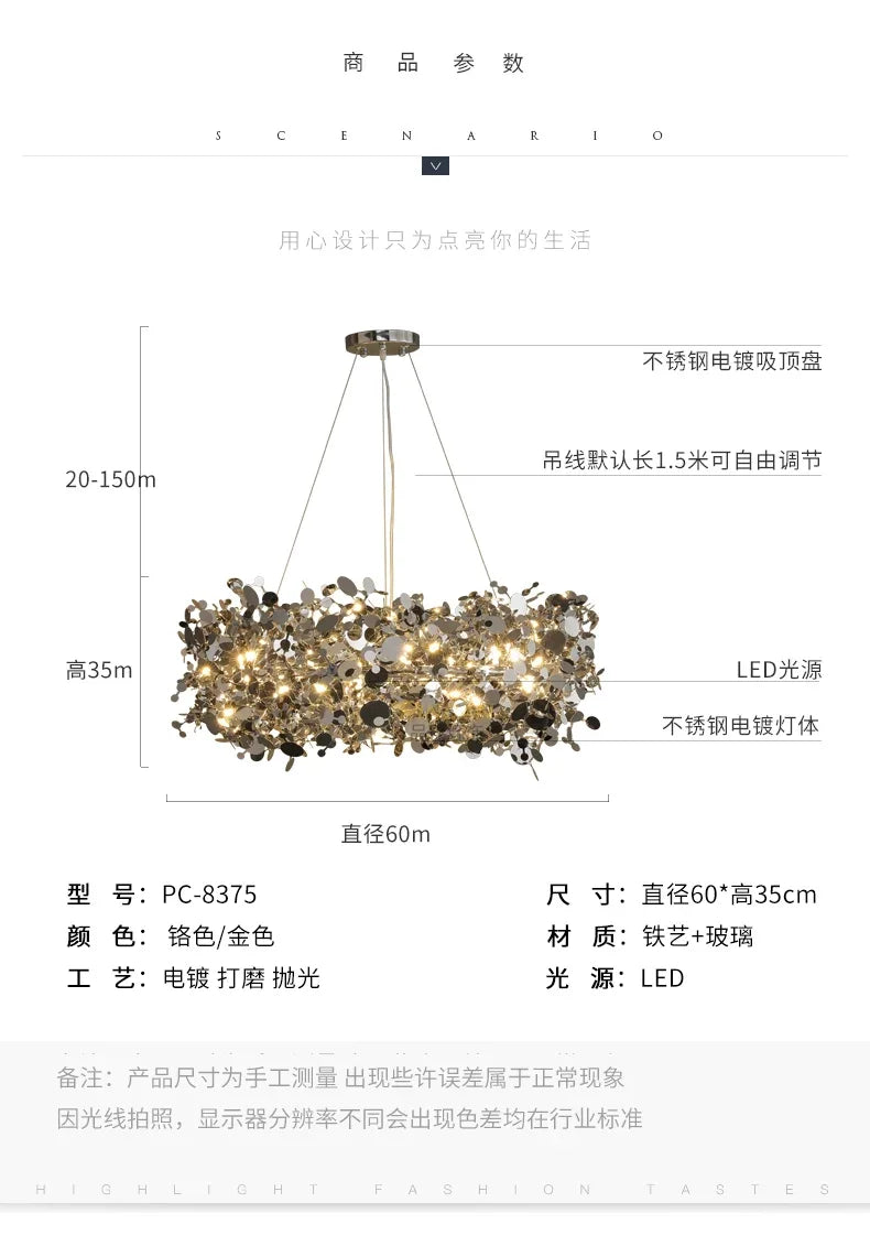 New Stainless Steel Chandelier Post -modern Shallow Luxury Living Room Restaurant Chandelier Gold/chromium Plating Chandelier