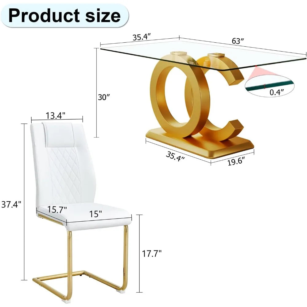 Dining Table Set for 6,Glass Table Top and MDF Base，Rectangular Dining Room Table with 6 PU Leather Upholstered Dining Chairs