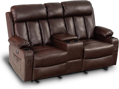 Electric Power Loveseat Recliner, Faux Leather Power Reclining Sofa with Heat and Massage, USB Ports, Cup Holders Living Room