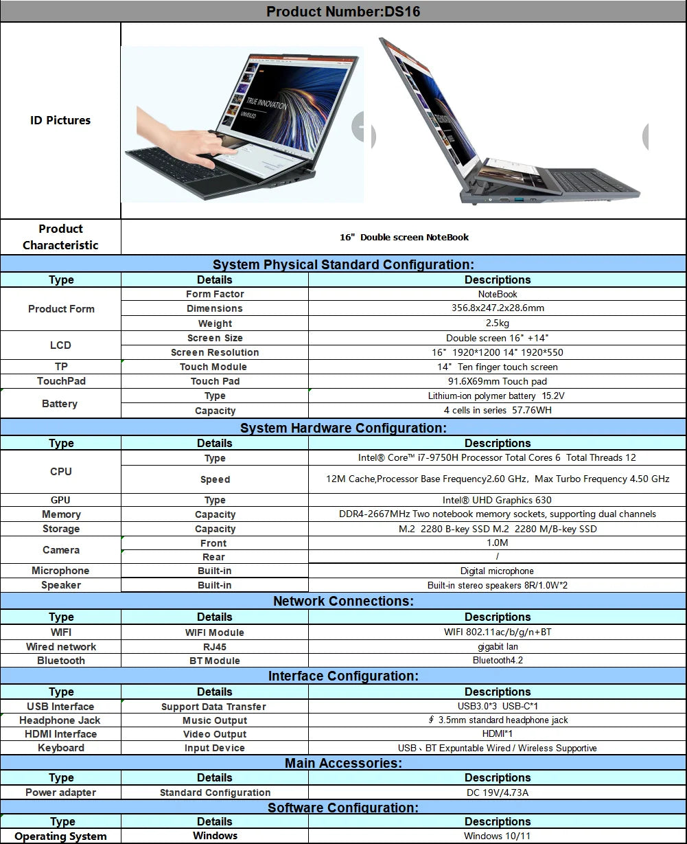 16+14 Dual Screen Touch Intel Core i7-9750H Gaming Business Laptop RAM 64GB SSD 4TB Backlight 6-Core 12 Thread DDR4 HD 4.5GHz