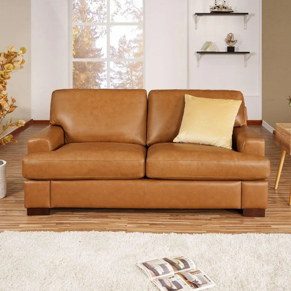 Genuine Leather Sofa - Set of 3 Luxurious Comfort, Goose Feather Cushion Filling, Square Arm Design, Sturdy Block Legs