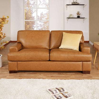 Genuine Leather Sofa - Set of 3 Luxurious Comfort, Goose Feather Cushion Filling, Square Arm Design, Sturdy Block Legs