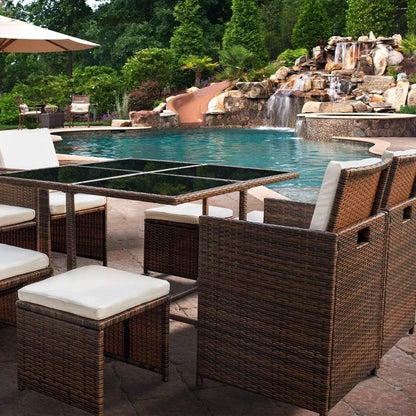 9 Pieces Patio Dining Sets Outdoor Space Saving Rattan Chairs with Glass Table Patio Furniture Sets Cushioned Seating (Beige)
