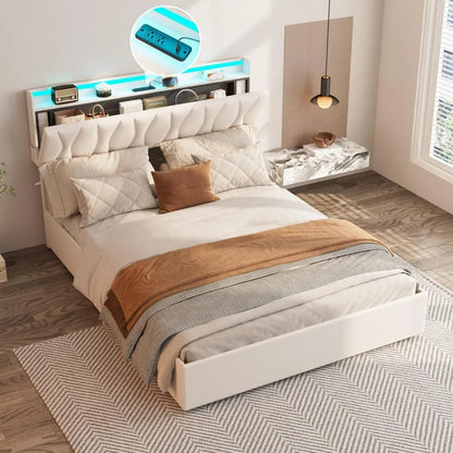 bedstead King Size Lift Up Storage, Height Adjustable Storage Headboard with Charging Station, LED Lights Platform Bed, bedstead
