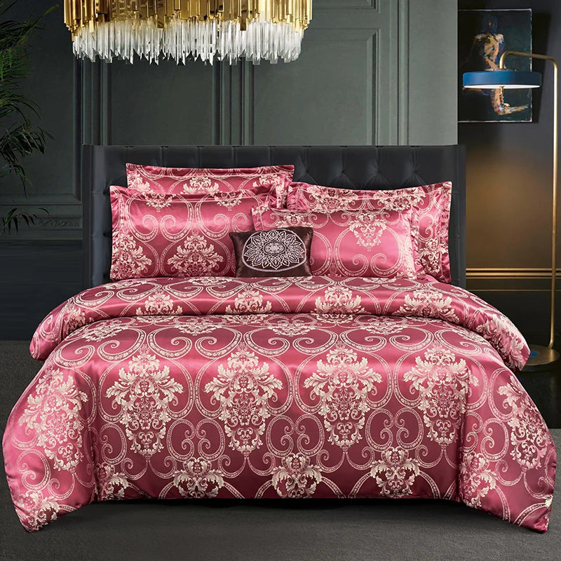 Floral Jacquard Satin Duvet Cover Set Queen 3 Piece Luxury Silk Like Bedding Comforter Covers with Zipper Closure & Corner Ties