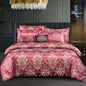 Floral Jacquard Satin Duvet Cover Set Queen 3 Piece Luxury Silk Like Bedding Comforter Covers with Zipper Closure & Corner Ties