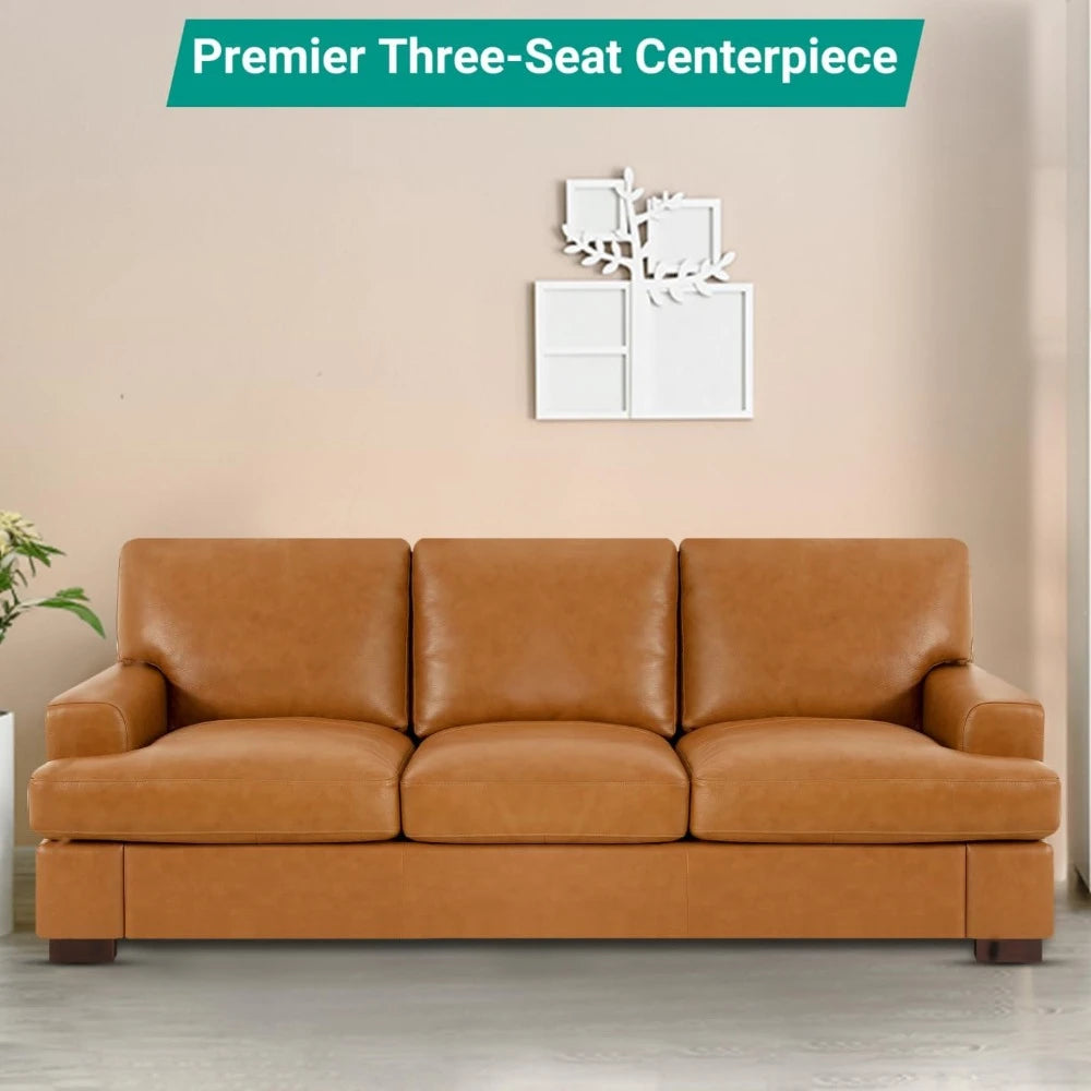 Genuine Leather Sofa - Luxurious Comfort, Goose Feather Cushion Filling, Square Arm Design, Sturdy Block Legs, Living Room Sofas