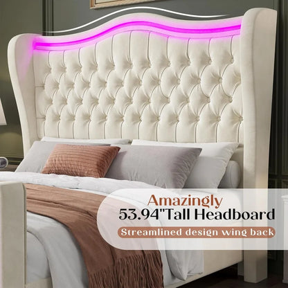 King Size Bed Frame with LED Lights, 53'' Upholstered Platform Wingback Bed with Handmade Deep Button Tufted Headboard Footboard