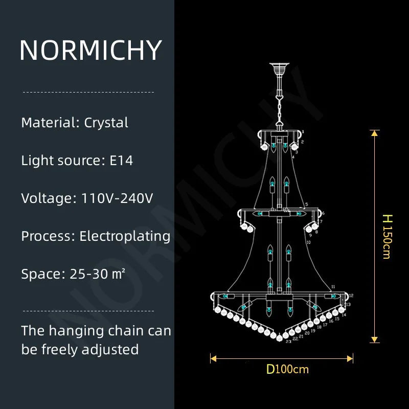 Luxury Living Room Crystal Chandelier Staircase European-Style Large Chrome Chandelier Hotel Lobby Villa High Ceiling Lighting