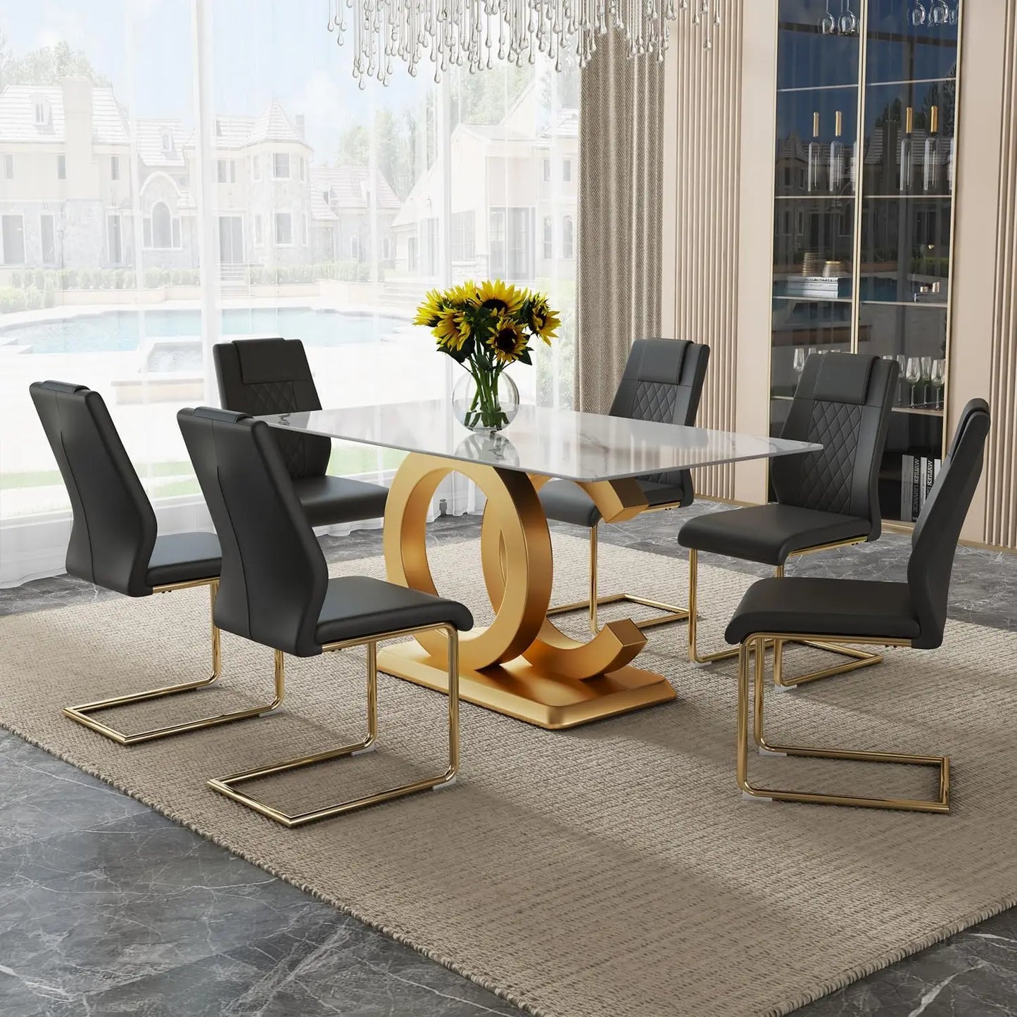 Dining Table Set for 6,Glass Table Top and MDF Base，Rectangular Dining Room Table with 6 PU Leather Upholstered Dining Chairs
