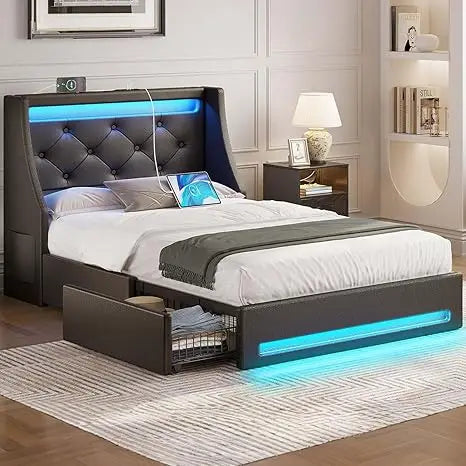 Twin bed frame with LED lights and charging station, upholstered bed with drawers, wooden planks, noiseless and easy to assemble