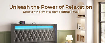 Twin Bed Frame with LED Light and Charging Station, Upholstered High Headboard and Footboard, Wood Slats, Noise Free, Easy Assem