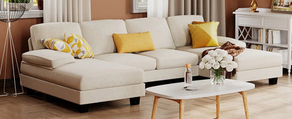 Sectional Couches for Living Room,U-Shaped Couch w/ Linen Fabric, 4 Seat Sofa Set w/ Double Chaise for Apartment (Fabric, White)