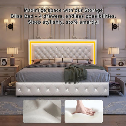 King Bed Frame with LED Lights, Storage Drawers, No Box Spring Needed, 900 lbs Capacity, Easy Assembly, bedroom furniture White