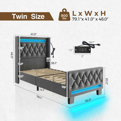Twin Bed Frame with LED Light and Charging Station, Upholstered High Headboard and Footboard, Wood Slats, Noise Free, Grey