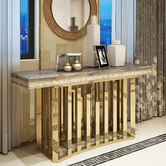 MINGDIBAO Dining Side Table with Sticking Seashells, Natural Marble Stainless Gold End Table, Handmade Coastal Style Furniture