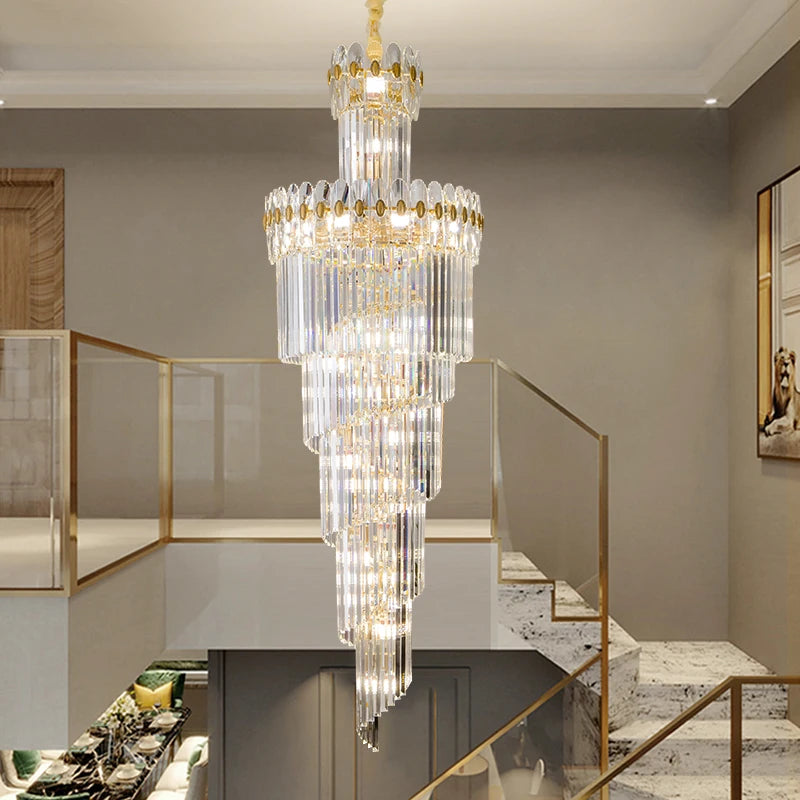 Post-Modern Duplex Villa Hall Crystal Chandelier Simple Light Luxury Jump Floor Floor Rotating Hollow Long Strip Crystal Chandel