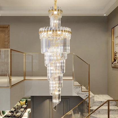 Post-Modern Duplex Villa Hall Crystal Chandelier Simple Light Luxury Jump Floor Floor Rotating Hollow Long Strip Crystal Chandel