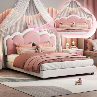 Full-Size Upholstered Princess Bed with Crown Headboard, Full Size Platform Bed with Headboard and Footboard Suitable for girls