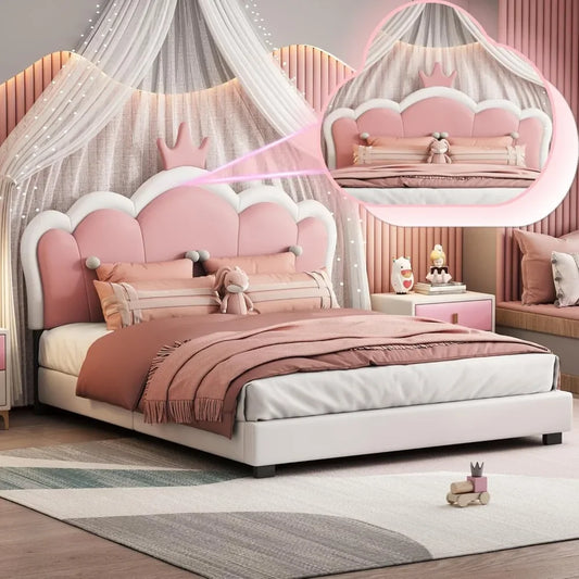Full-Size Upholstered Princess Bed with Crown Headboard, Full Size Platform Bed with Headboard and Footboard Suitable for girls