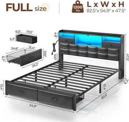 Bed Frame Full Size with Drawers and Charging Station, Upholstered Platform Bed with Storage Headboard and LED Light, Heavy Duty