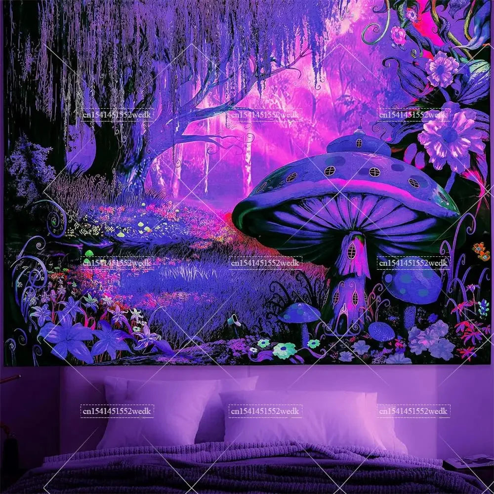 Blacklight Mushroom Tapestry UV Reactive Hippie Skull Tapestries Wall Hanging Eyes Forest Tapestry Glow In The Dark Posters